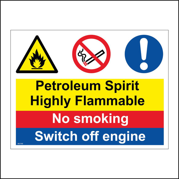 MU148 Petroleum Spirit Highly Flammable No Smoking Switch Off Engine Sign with Exclamation Mark Circle Cigarette Fire