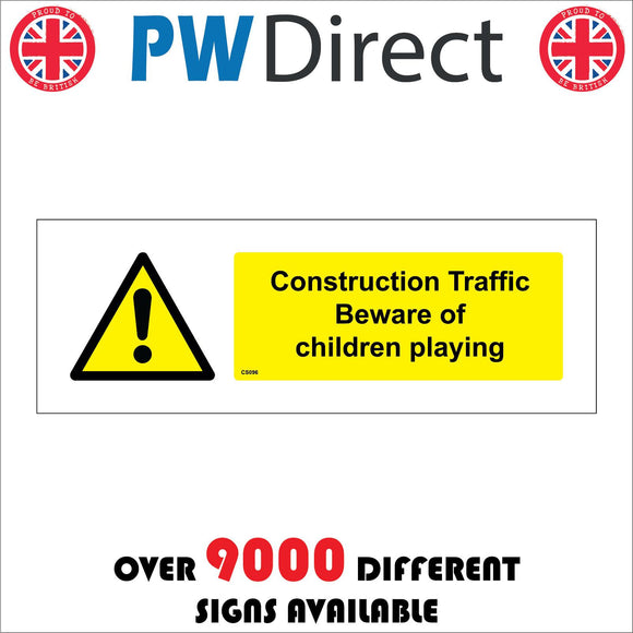 CS096 Construction Traffic Beware Of Children Playing Sign with Exclamation Mark Triangle
