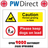 MU402 Caution Horses Grazing In Field Dogs On Lead