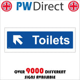 GG397 Toilets Up Left Arrow White On Blue Plaque