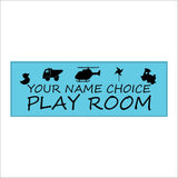 CM307 Childs Name Play Room Door Plaque Nursery Gift Personalise Choose  Sign with Truck Train Helicopter Duck Windmill