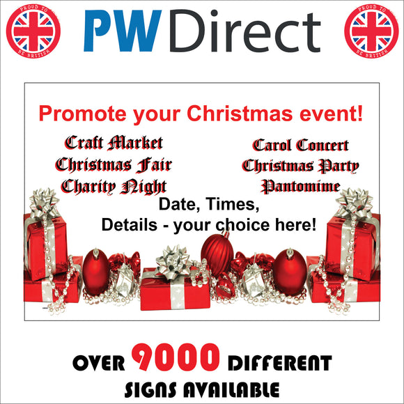 CM968 Promote Your Christmas Event Personalise Topics Dates Times Sign with Baubles Presents Bows Beads