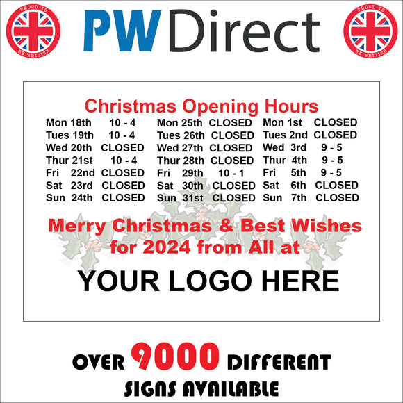 CM971 Christmas Opening Hours Personalise Merry Christmas & Best Wishes For 2020 From All At Your Choice Sign with Holly Berries