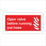 FI055 Open Valve Before Running Out Hose Sign with Fire
