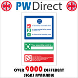 FI164 Fire Action 1. Operate The Nearest Fire Alarm. 2. Leave Building By Nearest Exit. 3. Report To The Assembly Point Sign with Fire People Arrows