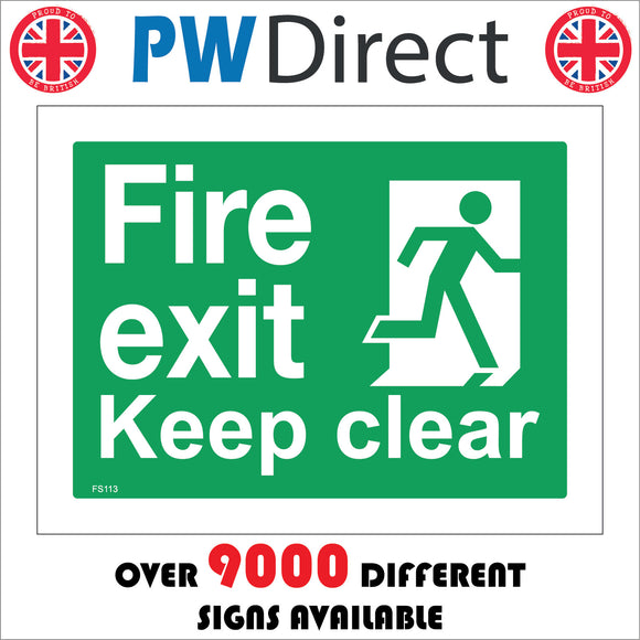 FS113 Fire Exit Keep Clear Sign with Running Man Door