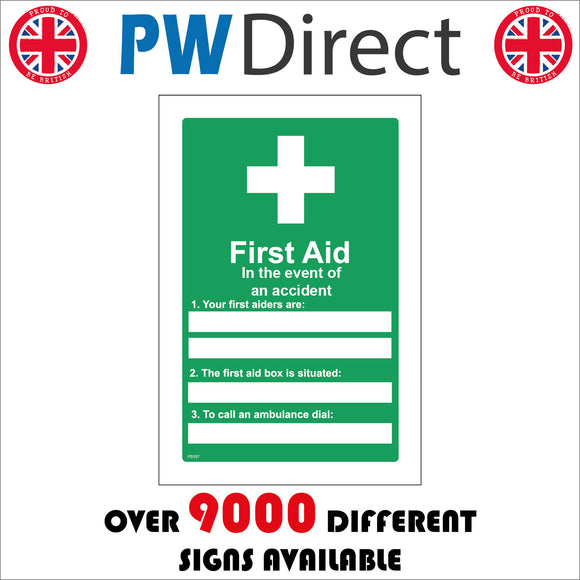 FS157 First Aid In The Event Of An Accident Sign with First Aid Cross
