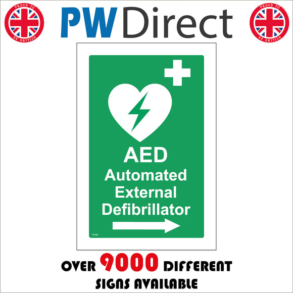 FS160 Aed Automated External Defibrillator Right Arrow Sign with First Aid Cross Heat Lightning Bolt