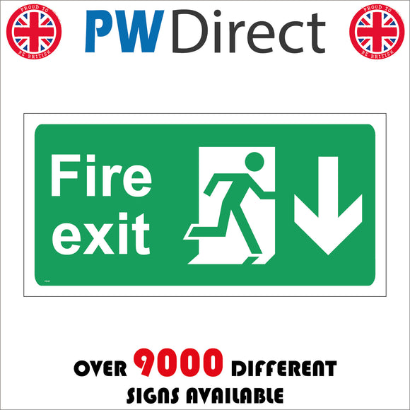 FS167 Fire Exit Right Down Sign with Man Running Through Door Arrow Pointing Down