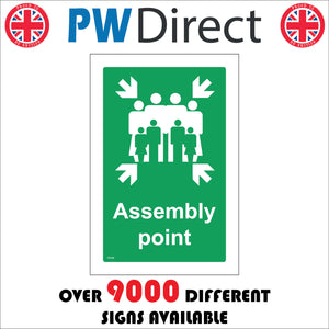 FS195 Fire Assembly Point Sign with Four Arrows Pointing To Group Of People