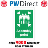 FS195 Fire Assembly Point Sign with Four Arrows Pointing To Group Of People