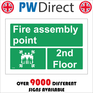 FS198 Fire Assembly Point 2Nd Floor Sign with Four Arrows Pointing To Group Of People Running