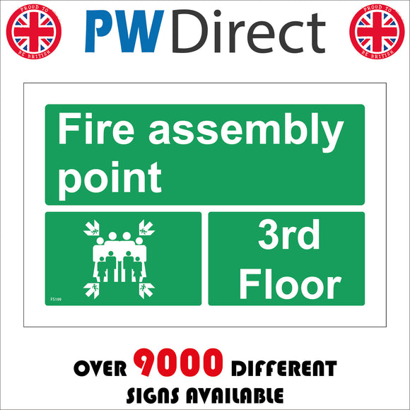 FS199 Fire Assembly Point 3Rd Floor Sign with Four Arrows Pointing To Group Of People Running