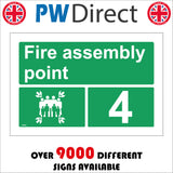 FS204 Fire Assembly Point 4 Sign with Four Arrows Pointing To Group Of People Running