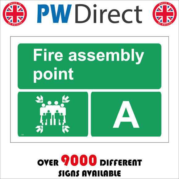 FS205 Fire Assembly Point A Sign with Four Arrows Pointing To Group Of People Running