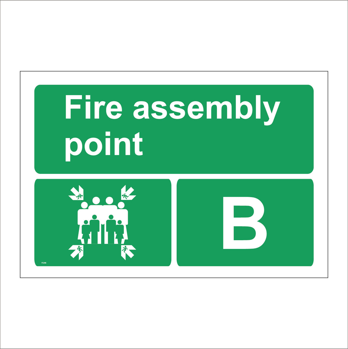Fire Assembly Point B Sign with Four Arrows Pointing To Group Of People ...