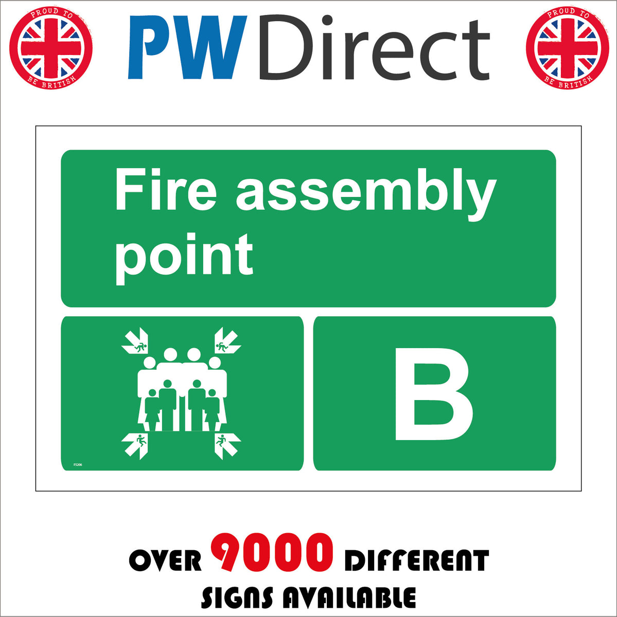 Fire Assembly Point B Sign with Four Arrows Pointing To Group Of People ...