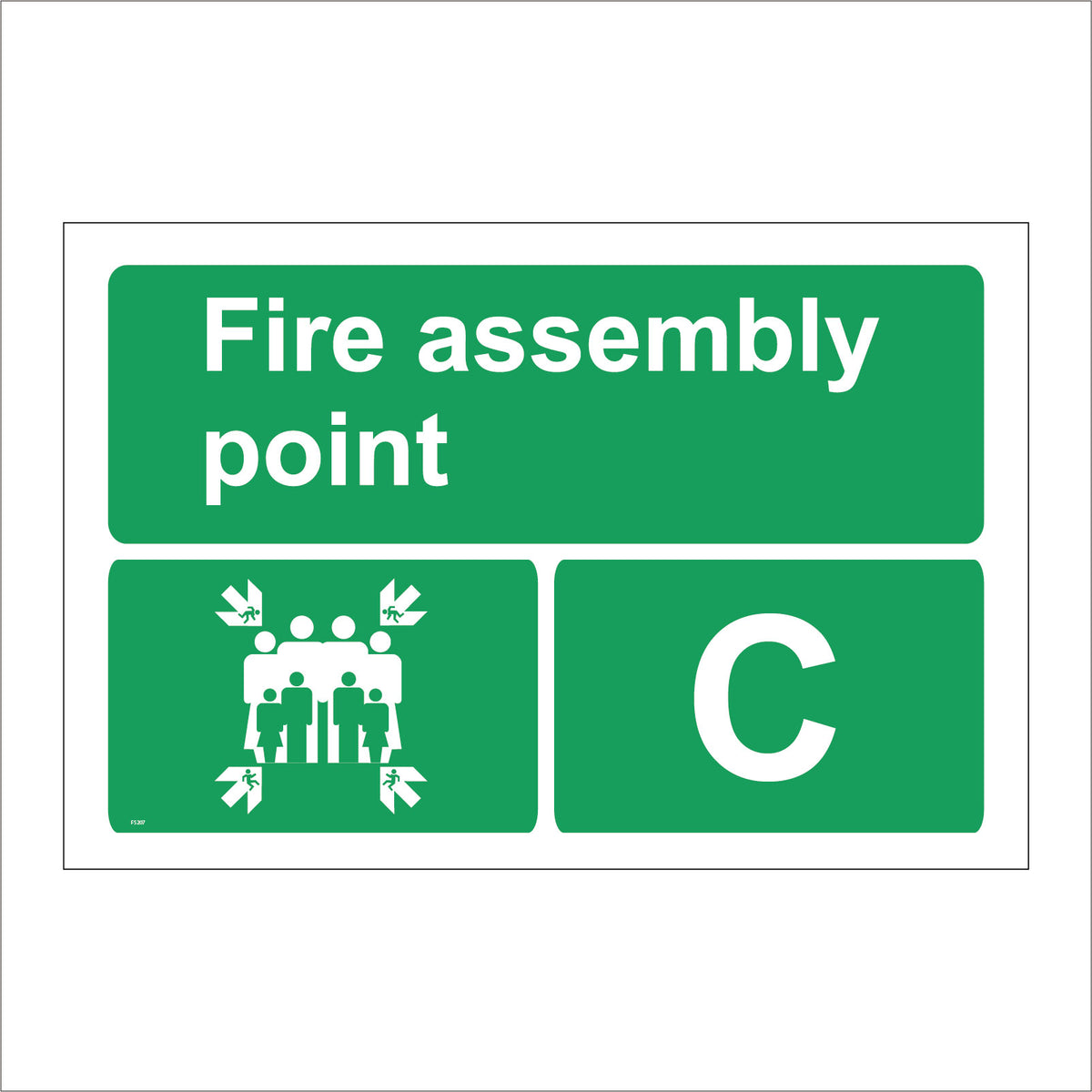 Fire Assembly Point C Sign with Four Arrows Pointing To Group Of People ...