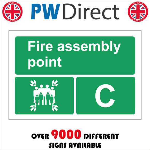 FS207 Fire Assembly Point C Sign with Four Arrows Pointing To Group Of People Running