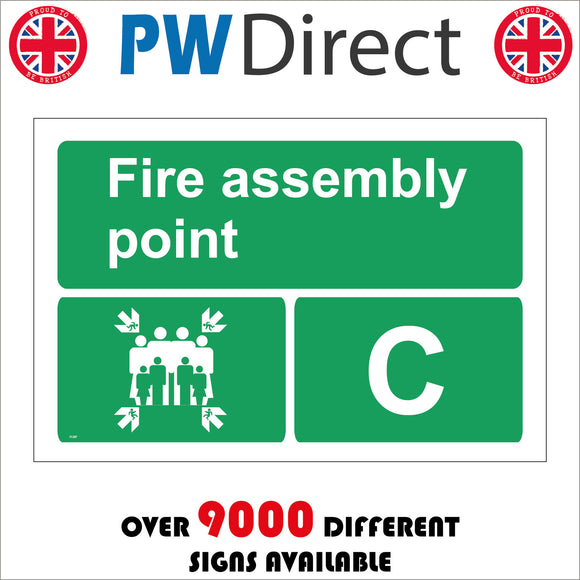 Fire Assembly Point C Sign with Four Arrows Pointing To Group Of People ...