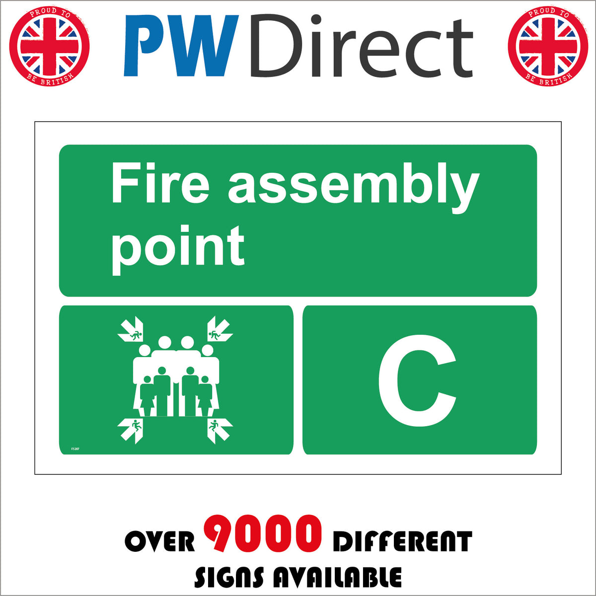 Fire Assembly Point C Sign with Four Arrows Pointing To Group Of People ...