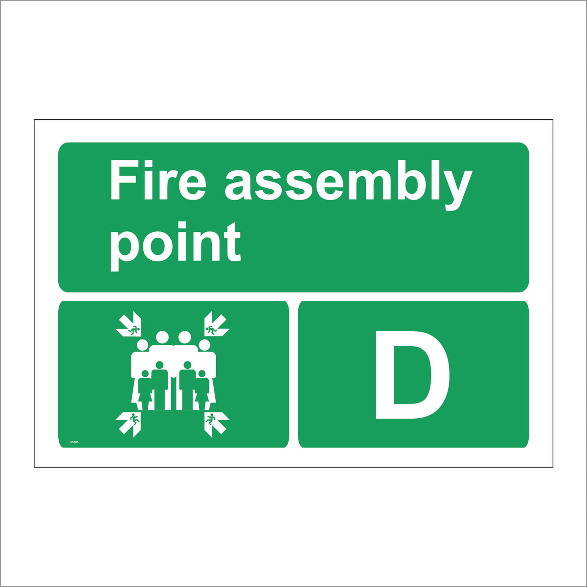 Fire Assembly Point D Sign with Four Arrows Pointing To Group Of People ...