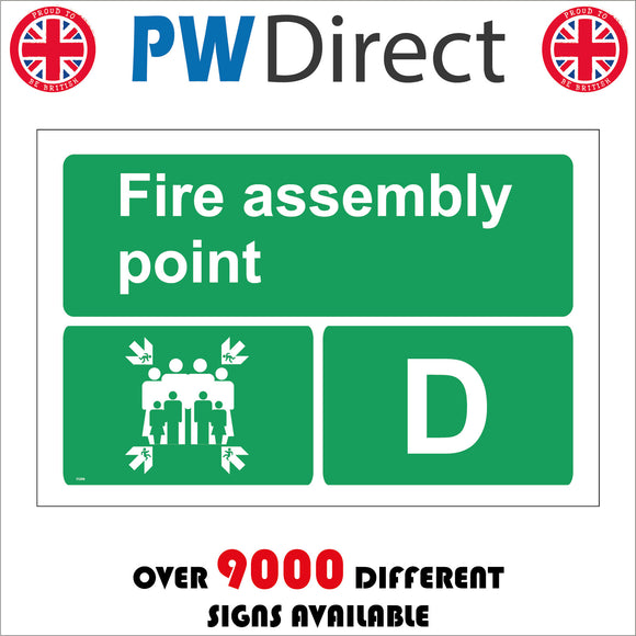 FS208 Fire Assembly Point D Sign with Four Arrows Pointing To Group Of People Running