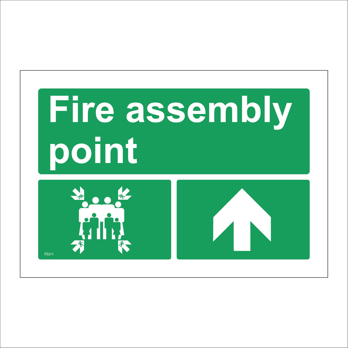 Fire Assembly Point Sign with Four Arrows Pointing To Group Of People ...