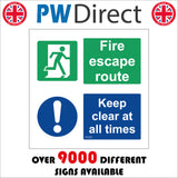 FS233 Fire Escape Route Keep Clear At All Times Sign with Door Man Circle Exclamation Mark