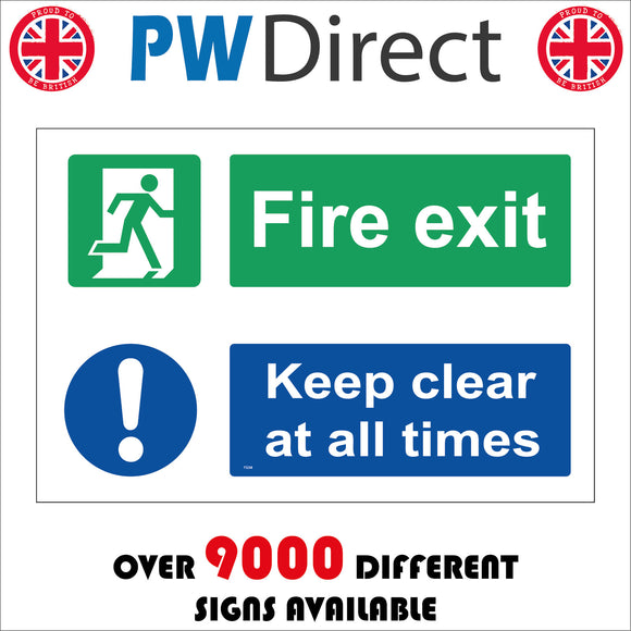 FS238 Fire Exit Keep Clear At All Times Sign with Door Man Circle Exclamation Mark