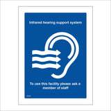 GE101 Infrared Hearing Support System To Use This Facility Please Ask A Member Of Staff Sign with Ear Three Arrows