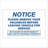 GE112 Notice Please Remove Your Valuables Before Leaving Vehicle For Service Sign