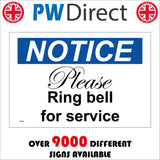 GE186 Notice Please Ring Bell For Service Sign