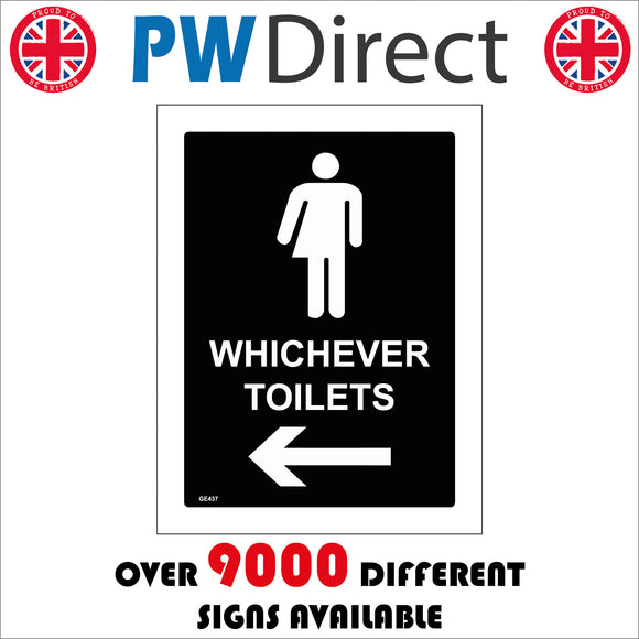 GE437 Whichever Toilets Left Arrow Sign with Arrow Man Woman