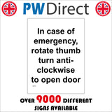 GE735 In Case Of Emergency, Rotate Thumb Turn Anti-Clockwise To Open Door Sign