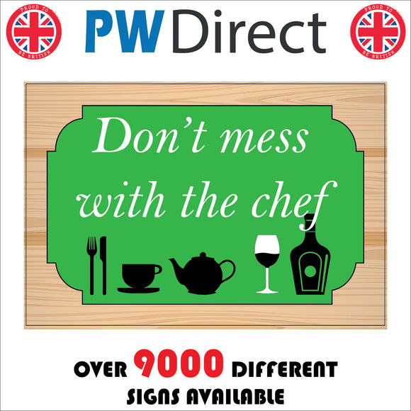 HU284 Don't Mess With The Chef Sign with Cutlery Cup Saucer Teapot Glass Bottle