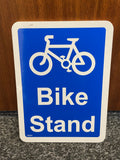 Bike Stand Sign, 150 x 200mm 5mm Foamex Blue background with bike image white text. RGE354D
