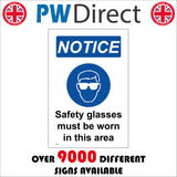 MA264 Notice Safety Glasses Must Be Worn In This Area Sign with Face Glasses