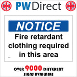 MA265 Notice Fire Retardant Clothing Required In This Area Sign