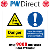 MA343 Danger  Batteries Charging Shut Off Charger Before Connecting Or Disconnecting Sign with Triangle Circle Battery Exclamation Mark