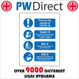 MA633 Prevent The Spread Of COVID-19 Catch It Bin It Kill It Sign with Exclaamtion Mark, Person, Bin, Hands, Tap