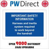 Important Safety Harness Inertia Beyond Handrail Sign MA825