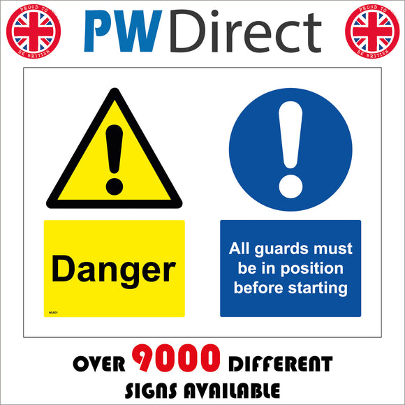 MU001 Danger All Guards Must Be In Position Before Starting Sign with Exclamation Mark Triangle