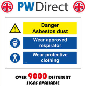 MU094 Danger Asbestos Dust Wear Approved Respirator Wear Protective Clothing Sign with Triangle Exclamation Mark Overalls Gas Mask