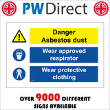 MU094 Danger Asbestos Dust Wear Approved Respirator Wear Protective Clothing Sign with Triangle Exclamation Mark Overalls Gas Mask