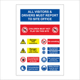 MU140 All Visitors & Driver Must Report To Site Office Sign with 8 Circles Children No Smoking Face Glasses