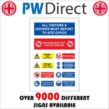 MU140 All Visitors & Driver Must Report To Site Office Sign with 8 Circles Children No Smoking Face Glasses