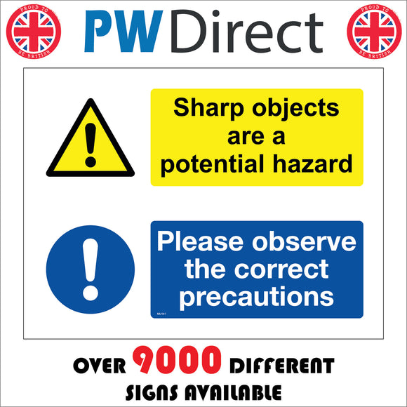 MU141 Sharp Objects Are A Potential Hazard. Please Observe The Correct Precautions  Sign with Triangle Exclamation Mark Circle Exclamation Mark