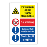 MU147 Petroleum Spirit Highly Flammable No Smoking Switch Off All Mobile Phones Switch Off Engine Sign with Exclamation Marks Fire Circle Cigarette