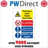 MU147 Petroleum Spirit Highly Flammable No Smoking Switch Off All Mobile Phones Switch Off Engine Sign with Exclamation Marks Fire Circle Cigarette